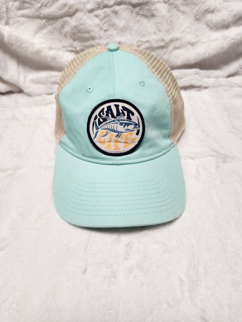 Salt Life Mint and Beige Trucker Hat with Fish Patch